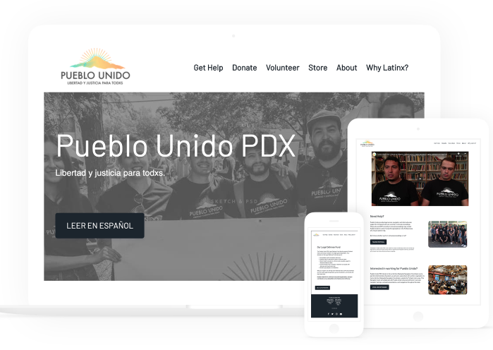 Pueblo Unido website mockups on phone, tablet, and desktop